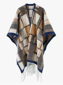 1 件男女通用法式格子流苏披肩围巾，适合作为秋冬外套斗篷 - 彩色 - 查看 10