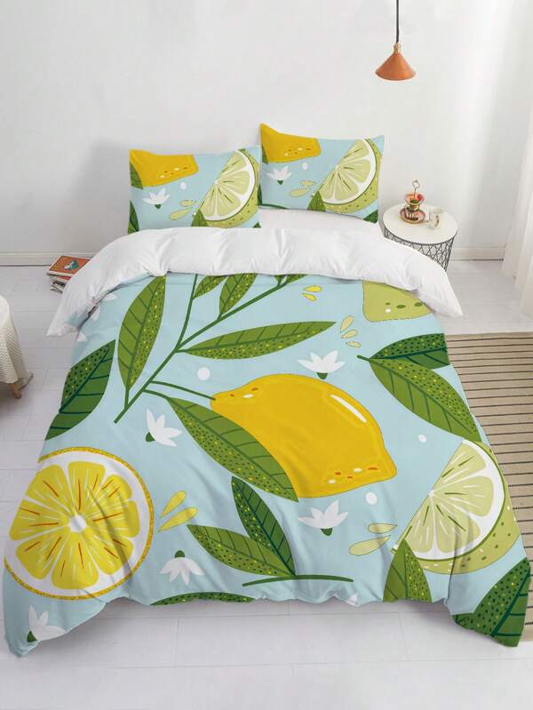 Juego de 3 piezas de edredón con estampado creativo de hojas y limones, de microfibra lavable, suave y cómodo para el dormitorio y la habitación de invitados (1*Funda nórdica + 2*Fundas de almohada, sin relleno)