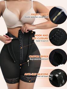 1pc Tummy Control Waist Trainer Panties Zipper Shapewear High Waist Body Shaper Butt Lifting Shorts - Black - View 4