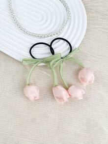 2条装女士郁金香花朵弹力发圈，高端花朵发绳，适合日常佩戴，发圈，发饰，马尾辫发圈，发圈，橡皮筋发带，发绳，头饰，健身运动跑步装备 - 彩色 - 查看 12