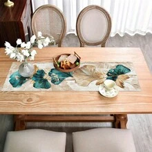 1pc Elegant Ginkgo Leaf Table Runner - Classic Chinese Style, Blue-Green And Gold Polyester Decorative Fabric, Suitable For Dining Room, Kitchen, Office Or Entryway, Luxury Home Decor, Dining Room Accessory, Nature-Inspired Design - Multicolor - View 3