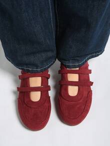 2025春季新款复古红色百搭魔术贴玛丽珍鞋，圆头平底休闲女鞋【尺码偏小，请参考尺码表】，芭蕾平底鞋