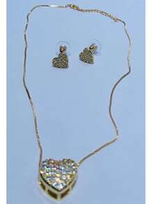 ZIRCONIA PLATED NECKLACE AND EARRING SET - GOLDEN HEART - View 1