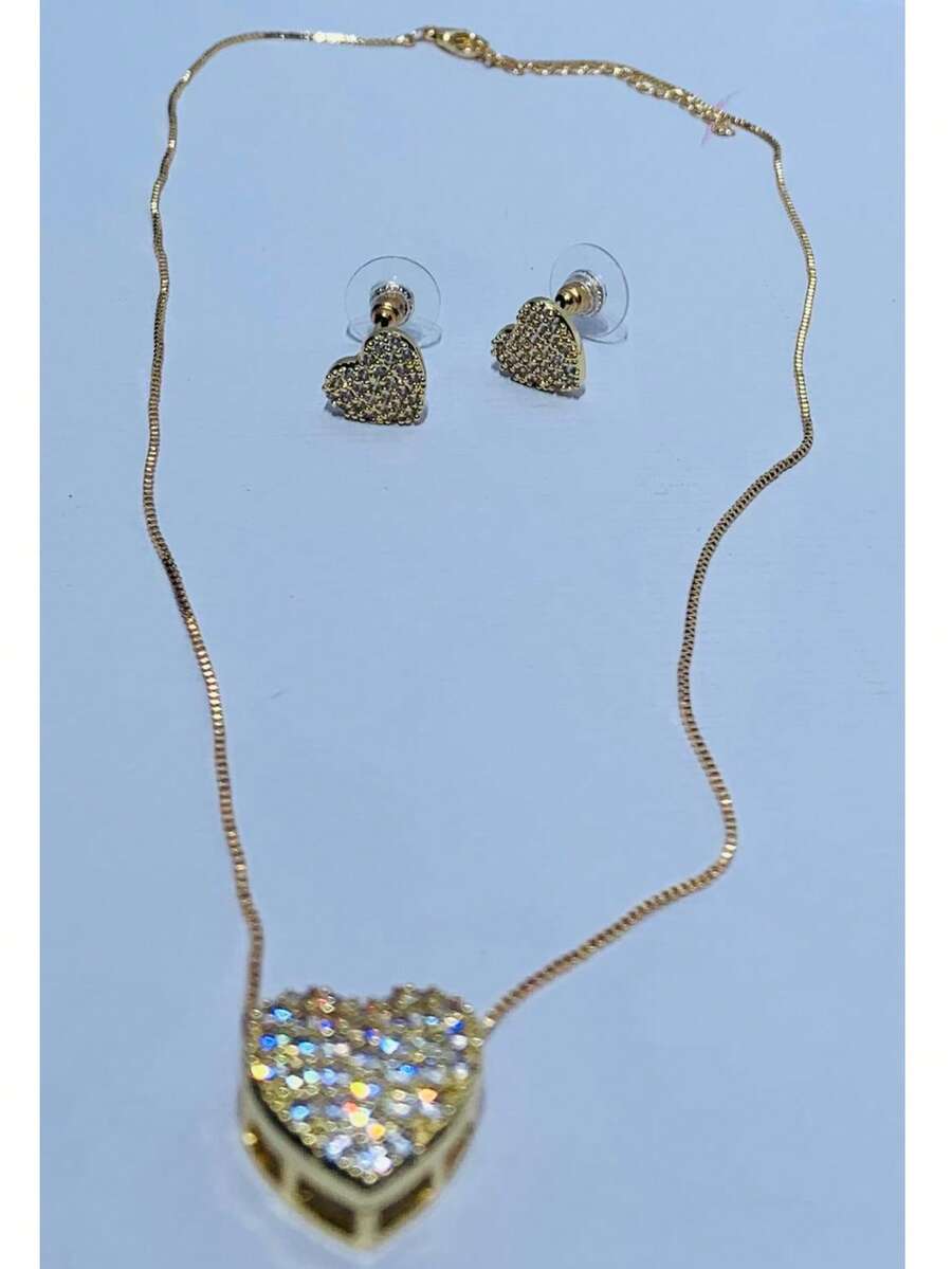 ZIRCONIA PLATED NECKLACE AND EARRING SET - GOLDEN HEART - View 1