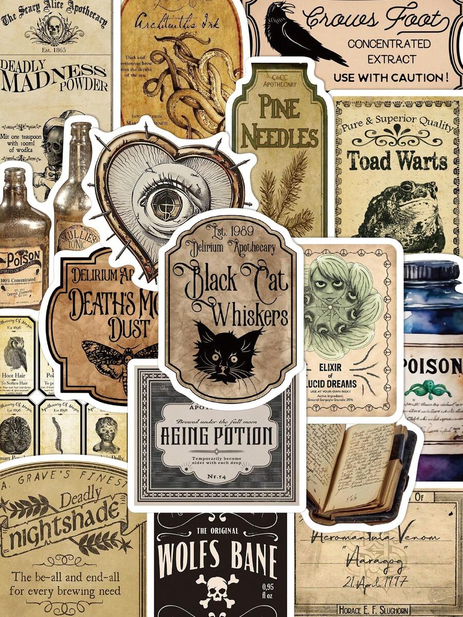 50pcs Dark Magic Potion Label Stickers Laptop Luggage Scrapbook Room Decoration Diy Creative Stickers,School Supplies,Back To School - Multicolor - View 1
