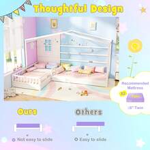 L-Shaped Double Twin Beds House Platform Beds W/ Window & Fences Ray - White - View 8