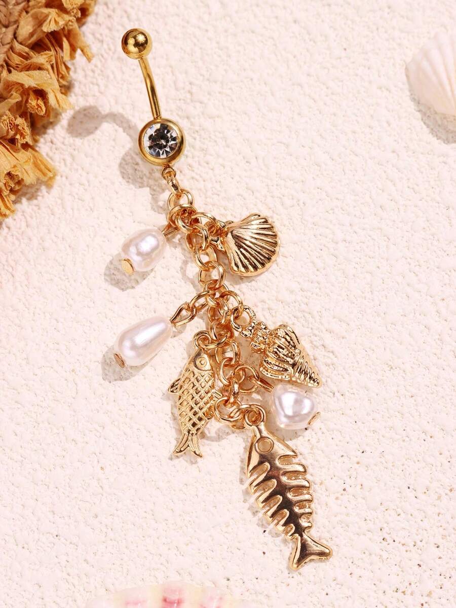 1 件时尚休闲优雅性感海滩度假海洋风格贝壳海星海螺肚脐环，女士海滩海洋度假身体首饰 - 彩色 - 查看 1