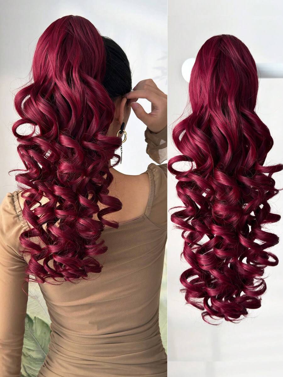 20 Inch Burgundy Water Wave Curly Ponytail Hair Extension, Soft & Natural, Synthetic Hair, For Women