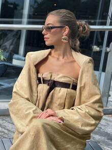 2025 New Women's Loose Fit Casual Jumpsuit Two-Piece Suit Long Sleeves Belted Strapless Wide Leg Long Coveralls - Màu Khaki - Xem 5