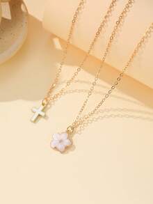 2 Pcs/Set Exquisite Fashion Five-Petal & Cross Pendant Necklace For Women,Cute Charm Summer Clavicle Necklace Sweet Cute Street Accessory Gift For Daily Life - Multicolor - View 2