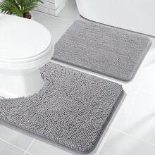 Chenille Bath Mats And U-Shaped Contour Toilet Mat Area Rug Set, Machine Washable Bath Carpet, Home Decor Accessories - Grey - View 1