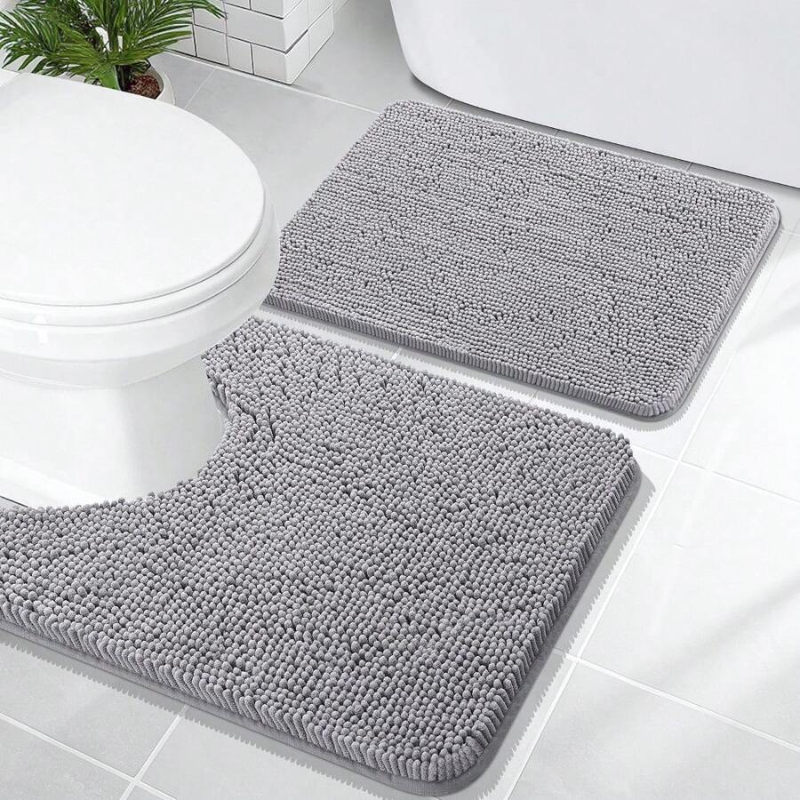 Chenille Bath Mats And U-Shaped Contour Toilet Mat Area Rug Set, Machine Washable Bath Carpet, Home Decor Accessories - Grey - View 1