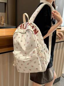 Casual Large Capacity Floral & Letter Graphic Multi-Pocket Functional Backpack, Cute Fresh College Style Student School Backpack, Suitable For Going To School, Travelling, Suitable For Back To School Season