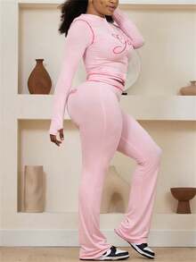 Melton Spring And Summer Print 2 Pieces Set Causal Street Outfits Women Y2K Fashion Long Sleeve Zip Hooded Crop Tops Pants Set - 粉色 - 查看 5