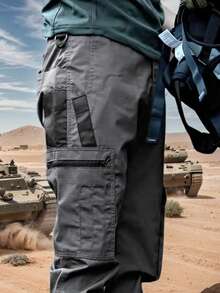 2Pcs Men's Solid & Camo Print Pockets Zipper Waterproof Tactical Cargo Pants Without Belt, Regular Fit Sporty Pockets Durability Trousers For Fall, Wear-Resistant Outdoor Training Pant For Men - 灰色+綠色 - 查看 3