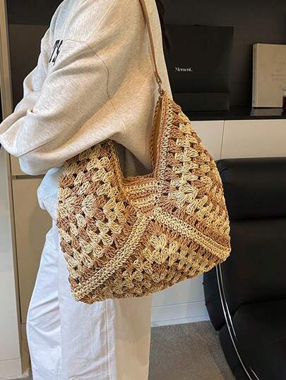Large Capacity Portable Women's Boho Style Woven Straw Shoulder Bag Medium Tote Bag With Handle For Teen Girls College Girls Beach Vacation Perfect For School, College, Outdoor, Travel, Outing, Shopping, Vacation