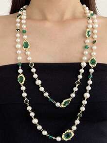 1 Piece Beaded Faux Pearls Crystals Emeralds Gorgeous Fashion Metal Multi-Color Women's Necklace For Dating Party Beach Vacation With Daily Clothing Accessories, Jewelry Gift - 長款 - 查看 2