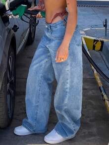 Women's High Waist Casual Y2k Streetwear Baggy Distressed Vintage Washed Wide Leg Jeans - 中等水洗藍 - 查看 5