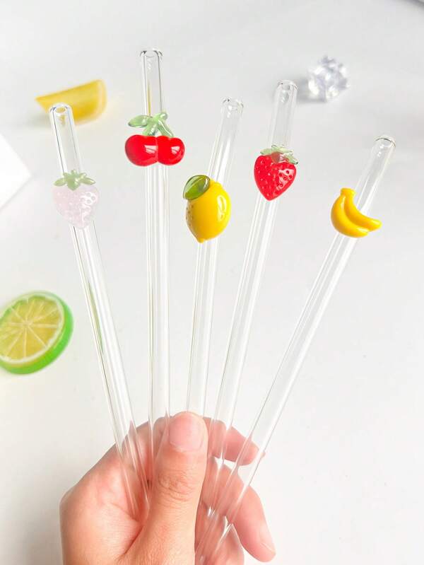 2Pcs/1Set/10Pcs Delicate Glass Straws With Lemon/Cherry/Red Strawberry/Pink Strawberry Shapes, Reusable Glass Straws, For Cold Drinks, Milk Tea, Coffee, Juice, Smoothies, Kitchens, Restaurants, Cocktail Parties, Back - To - School, Gifts For Girlfriends/Boyfriends, Parents, Friends, Holiday Supplies, Halloween, Thanksgiving, Christmas.