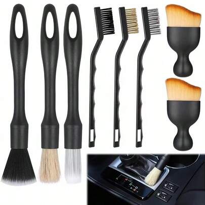 8-Piece Auto Detailing Brush Set For Interior Or Exterior Cleaning, Dusting Cleaning Supplies, Badge Tools, Vents, Wheels, Leather Interior Seats
