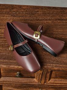Mocasines casuales con punta cuadrada y hebilla decorativa marrones para mujer, con botón dorado, versátiles para oficina, exterior, primavera/verano, clásicos bailarinas para mujer - Marrón - Ver 3