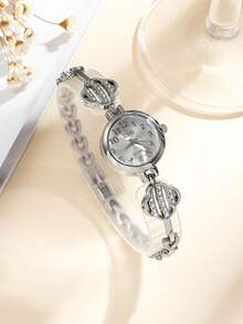 Women's Fashion Minimalist Round Heart Pattern Mixed Scale Diamond-Set Heart Quartz Watch 1pc/Set - Rose Gold - View 7