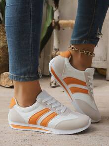 Women'S Fashionable Orange Sneakers With White Laces And Rubber Soles - Casual Low Top Sneakers For All Seasons, Comfortable Walking Shoes|Casual Footwear|Rubber Sole Sneakers - Orange - View 3