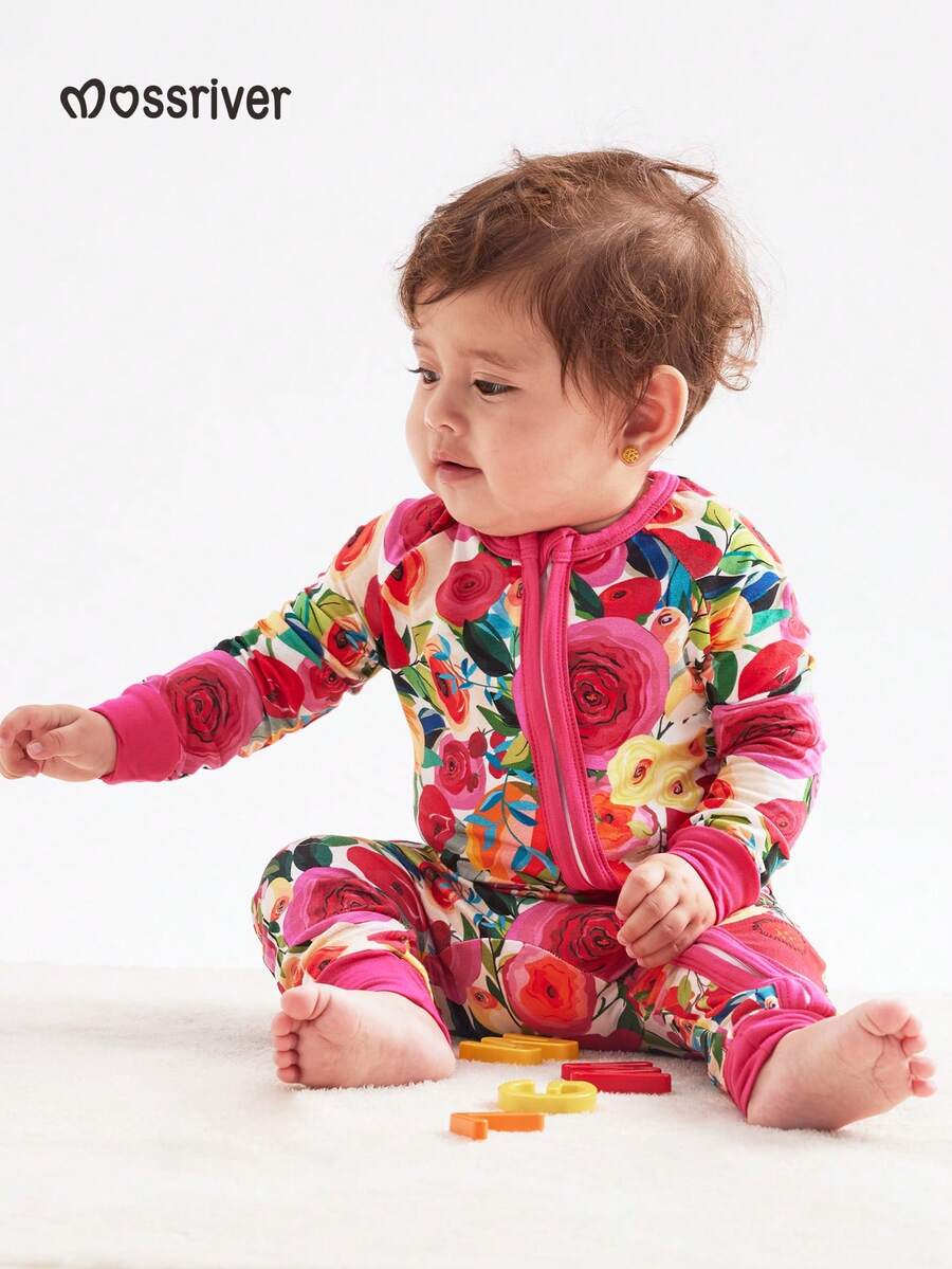 Newborn Baby Girl Bamboo Fiber Bodysuit With Zipper, Floral Series Hand-Painted Roses Full Body Print Pattern, Baby Jumpsuit Long Pants Baby Girl Bamboo Fiber Clothes,Toddler & Infant Girl's Bodysuit - 彩色 - 查看 1