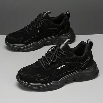 男士经典黑色皮革混合字母系带低帮运动鞋，时尚百搭户外休闲鞋，适合日常穿着