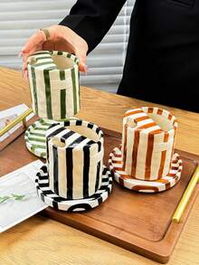 1 pieza Taza de café cerámica con asas y diseño de rayas verticales, forma asimétrica al estilo minimalista europeo, hecha a mano con alta estética, taza multiusos y aislada, adecuada para el hogar, restaurante, café, fiesta y como regalo - Multicolor - Ver 6