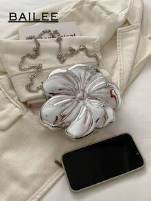 BAILEE 金属花形晚宴包舞会婚纱手提包口红零钱化妆包配饰包带金属链可斜跨前卫女士礼物 - 銀色 - 查看 9