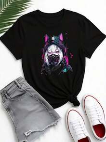 Camiseta de manga corta para damas con estampado de patrones, top de cuello redondo suelto y casual, se puede lavar aáquina para comodidad durante las cuatro estaciones. - Negro - Ver 2
