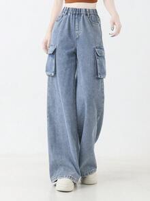 Teen Girl Blue Cargo Pants, Multi-Pocket Casual Loose Long Washed Denim Jeans - Blue - View 6