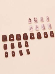 24pcs/Set Short Square Nails Fall And Winter Simple Rose Gentle Removable Fit Fake Nails Suitable For Students, Office Ladies, Party And Daily Wear Full Coverage Fake Nails Art Patches Press-On Nail Art Supplies +1pc Gel Jelly + 1pc Nail File Decorate Your Nails Enhance Your Fashionable Taste Nail Patches
