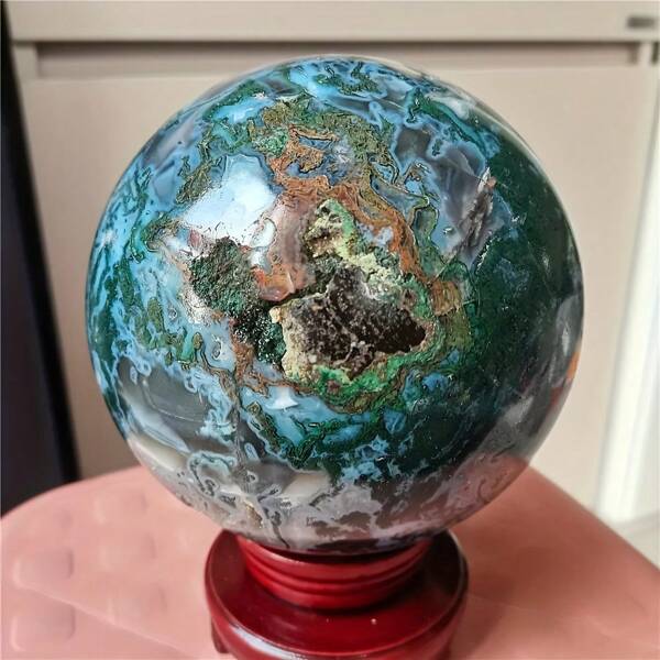 1 قطعة كرة طبيعية نادرة من عقيق الطحالب ، ديكور كريستال طبيعي بنمط بوهيمي به نقوش خضراء وبيضاء معقدة ، هدية فريدة لعيد الميلاد ، عيد الحب ، ديكور المنزل والمكتب