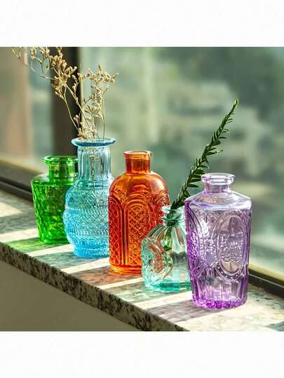 1 chiếc/10 chiếc Bình hoa thủy tinh cổ điển nhiều màu sắc - Bình hoa thủy tinh nhỏ các loại, Bình đơn, Số lượng lớn, Bình hoa dập nổi cổ điển, Thủy tinh thổi thủ công trong suốt, Đế dày, Thích hợp cho hoa tươi/hoa khô - Trang trí bàn kiểu Madrid, Trung tâm bàn tiệc cưới, Tiệc tùng, Trang trí đám cưới, Văn phòng, Nhà cửa, Kệ trưng bày phong cách Boho, Trưng bày hoa, Bình hoa thủy tinh mini, Trang trí nhà cửa phong cách Retro
