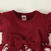 2-Piece Baby Girl Dress Set With Flowers And Plants, Batwing Sleeve Dress And Bow Headband, Ideal For Girls From 3 Months To 2 Years For Summer - 酒紅色 - 查看 4