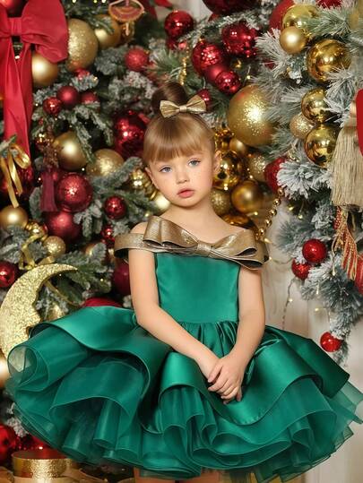 女孩复古优雅深绿色和金色超大蝴蝶结多层薄纱裙，适合婚礼、舞会、宴会、甜蜜16岁、生日派对、圣诞节