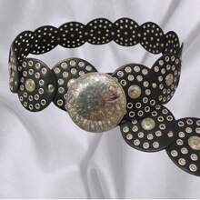 1 buc Curea circulară din PU pentru femei, curea din metal cu lanț, curea din piele strălucitoare, stil boem la modă, potrivită pentru uz zilnic, vara, școala, toamna, Halloween