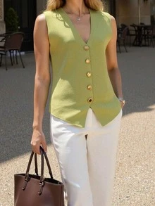 Women's Fashionable Button Knitted Vest Style Casual Short Cardigan, Spring/Autumn - Light Green - View 2