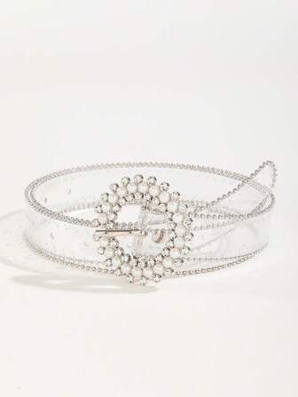 1 pieza Cinturón de cintura con hebilla de 3 puntas decorada con cristales y perlas, con borde transparente, de diseño minimalista y versátil para usar con vestidos en el día a día