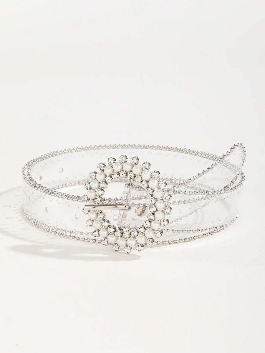 1条镶钻珍珠装饰三爪扣透明边腰带，时尚百搭，可搭配连衣裙，简约设计，适合日常穿着。 - 無色 - 查看 1