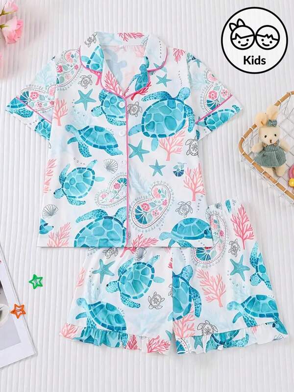 2pcs Children's Sleepwear Set, Summer New Flame-Retardant Short Sleeve Casual Cardigan, Machine-Washable Blue Sea Turtle & Ocean Floral Print, Suitable For Outdoor/Indoor Wear, Toddler/Big Kid