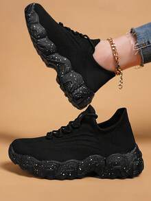 Women's Black Wave Sole Sneakers - Spot Detail Ripped Jeans Fit, All-Day Gold Chain Comfort - màu đen - Xem 3