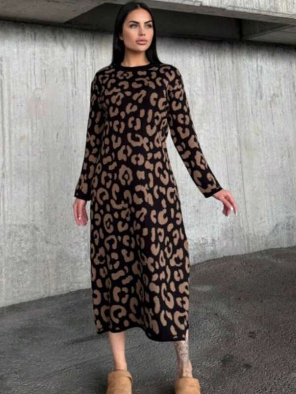 Women's Leopard Print Round Neck Long Sleeve Casual Dress
