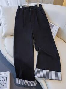 Calça feminina de perna larga, nova, outono/inverno, listrada, patchwork, cor contrastante, zíper, botão, bolsos, adequada para uso casual, escritório e deslocamento - Azul escuro - Ver 2