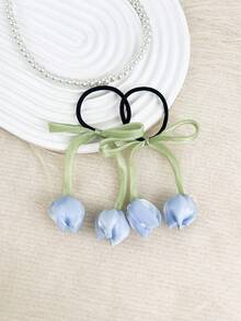 1条女士优雅郁金香花朵丝带发圈，高端花卉发绳，适合日常使用，可作马尾辫发圈、橡皮筋发带、发绳、弹性发圈 - 彩色 - 查看 7