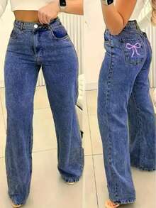 Jeans rectos, sueltos y versátiles para mujer con bolsillos