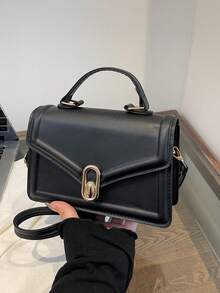 Arrow Design 时尚 PU 皮革手提包，2025 新款韩版托特包，纯色斜挎单肩包，小方包 - 黑色 - 查看 2