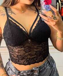 Cropped Rendinha   Simples    Renda    Laço Contraste  Tecido vazado    Todas  Noite    todas - Preto - Visão 2